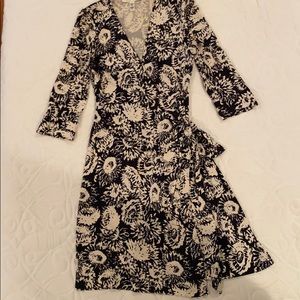 Diane Von Furstenberg Black and Cream Floral Wrap Dress